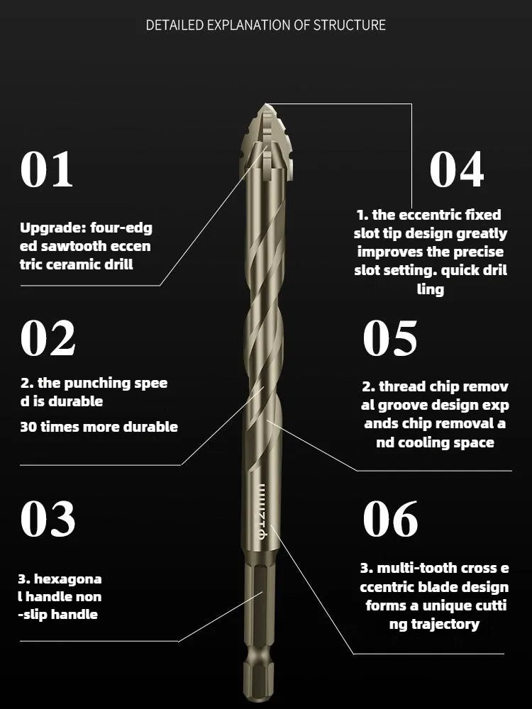 High-Four-edged serrated eccentric drill for dry drilling of ceramic tiles, glass, marble, concrete, stainless steel drill bits Beauty World Shop