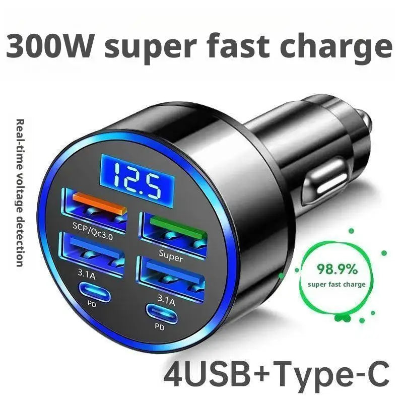 300W PD Car Charger QC3.1 Fast Charge 4USB+2PD ports Car Cigarette Lighter Plug Car Charger Flash Charge with Digital Display Beauty Trend Shop