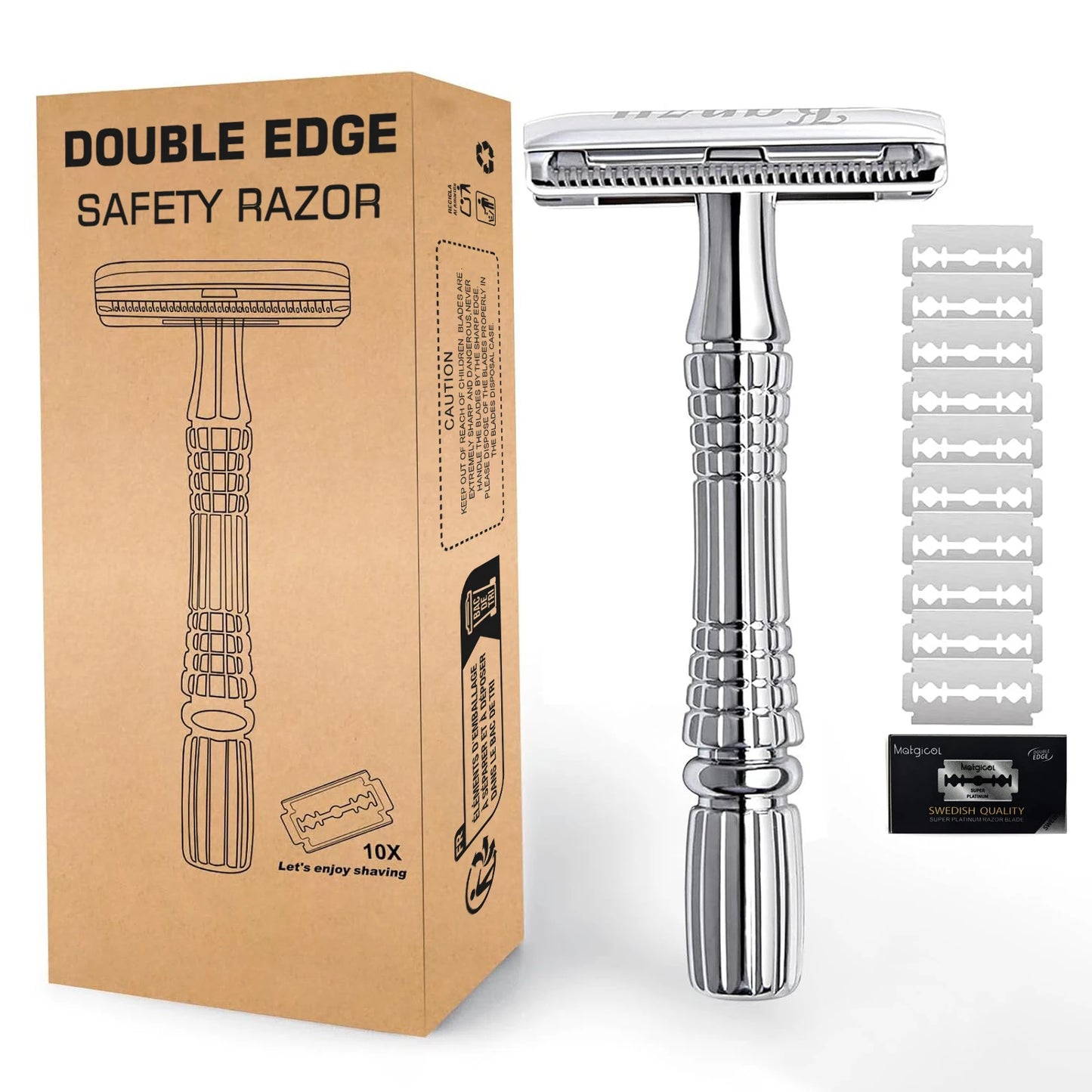 Double Edge Safety Razor for Men and Women Metal Razor with 10 Double Edge Safety Razor Blades Eco-Friendly Razor Silver Beauty World Shop