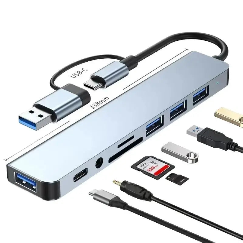 8 In 2 USB HUB With Splitter Card Reader, USB C Port, USB 3.0 / 2.0, SD/TF Splitter Card Reader, Docking Station Beauty World Shop