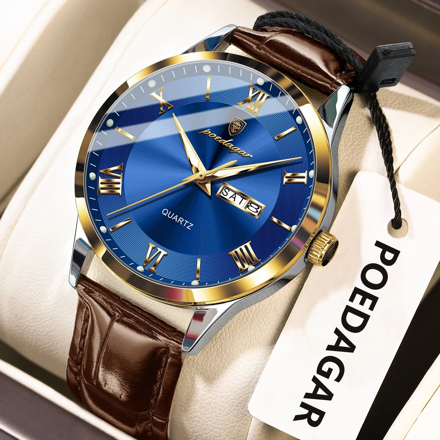 POEDAGAR Business Brand Men Clock Waterproof Luminous Date Week Fashion Man Wristwatch Leather Luxury Men's Quartz Watches Reloj Beauty World Shop
