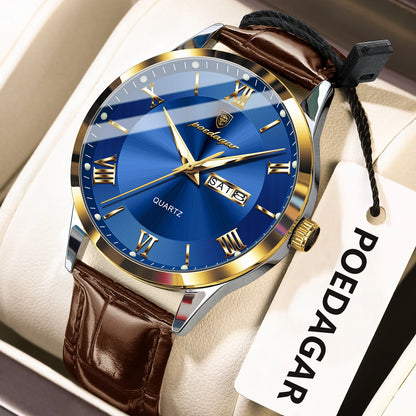 POEDAGAR Business Brand Men Clock Waterproof Luminous Date Week Fashion Man Wristwatch Leather Luxury Men's Quartz Watches Reloj Beauty World Shop
