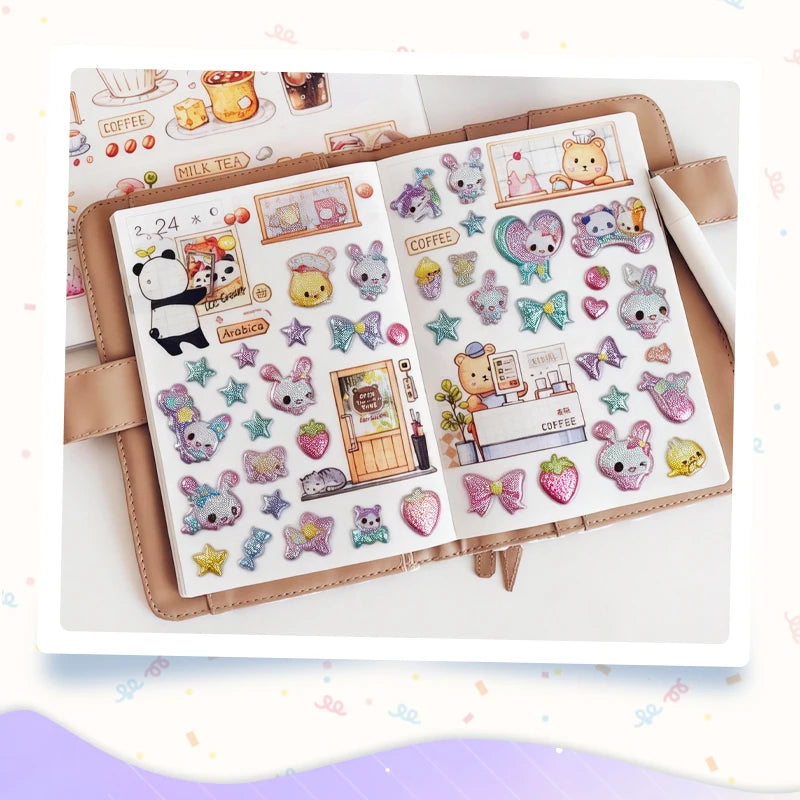 3 pcs/6 pcs Sweet Candy Pets Cat Coffee Cakes Flash Puffy 3D Stickers Scrapbooking Diy Diary Stationery Stickers School Supplies Beauty World Shop