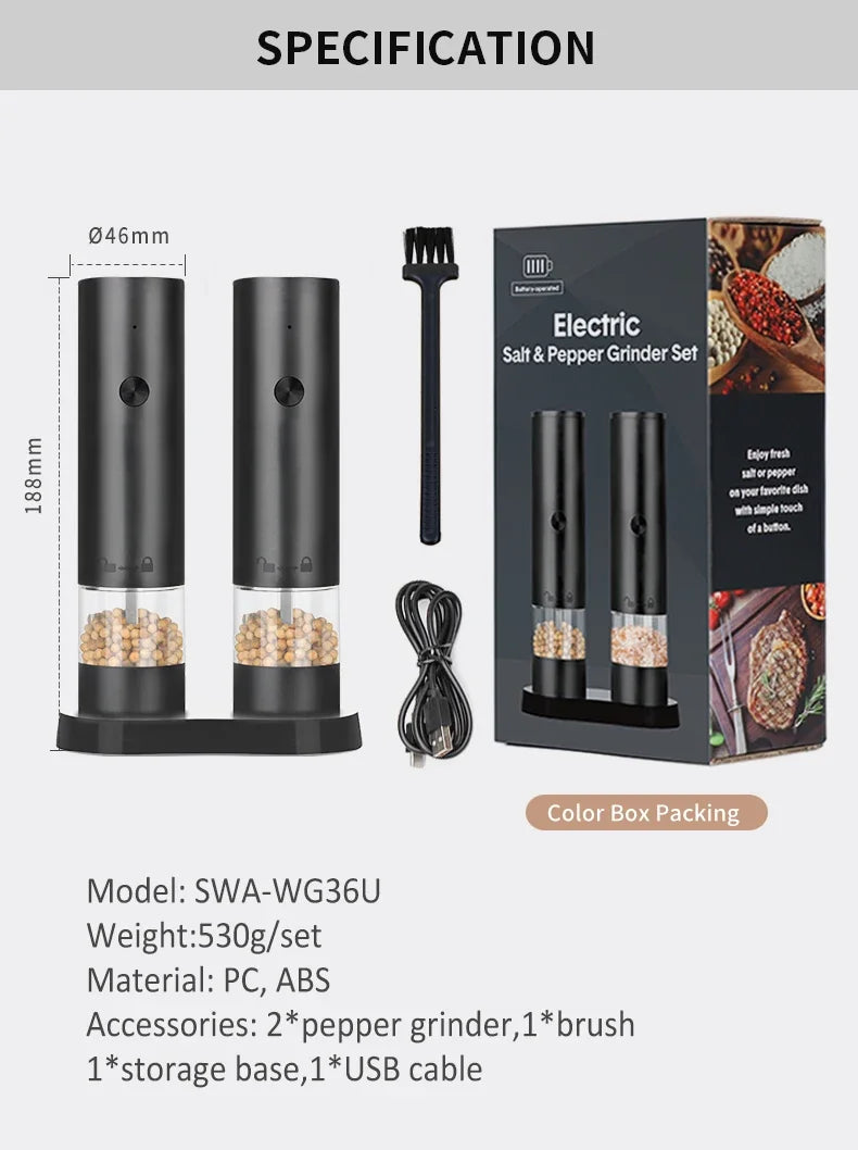 USB Rechargeable Electric Salt and Pepper Grinder Adjustable Coarseness Large Capacity Auto Spices Grinders Kitchen Cooking Tool Beauty World Shop
