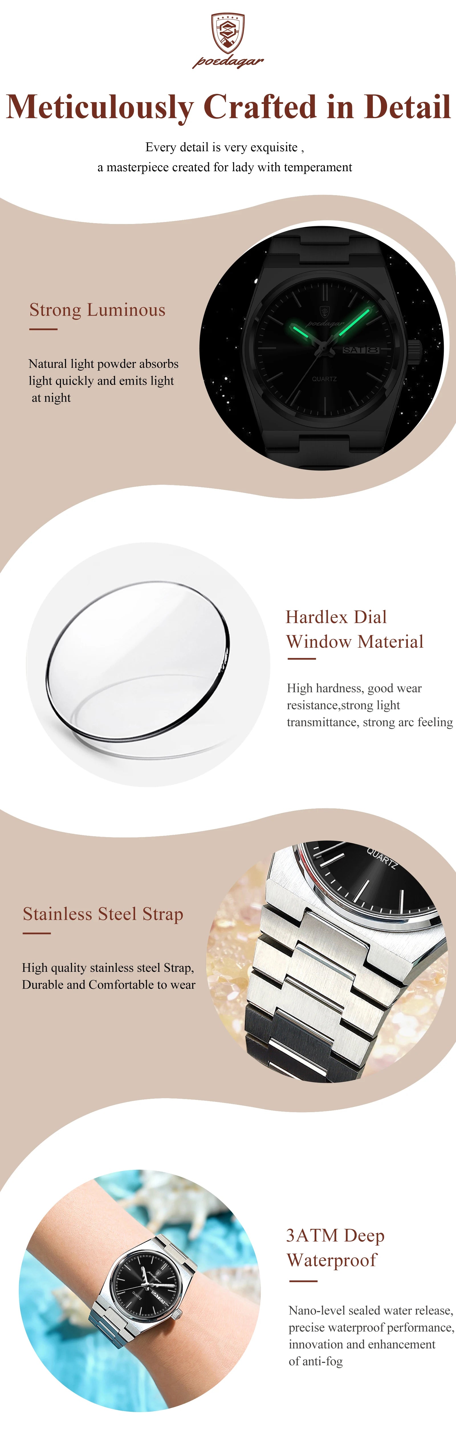 POEDAGAR Elegant Woman's Watch Date Week Waterproof Luminous Ladies Clock Quartz Stainless Steel Fashion Watches For Women Reloj Beauty World Shop