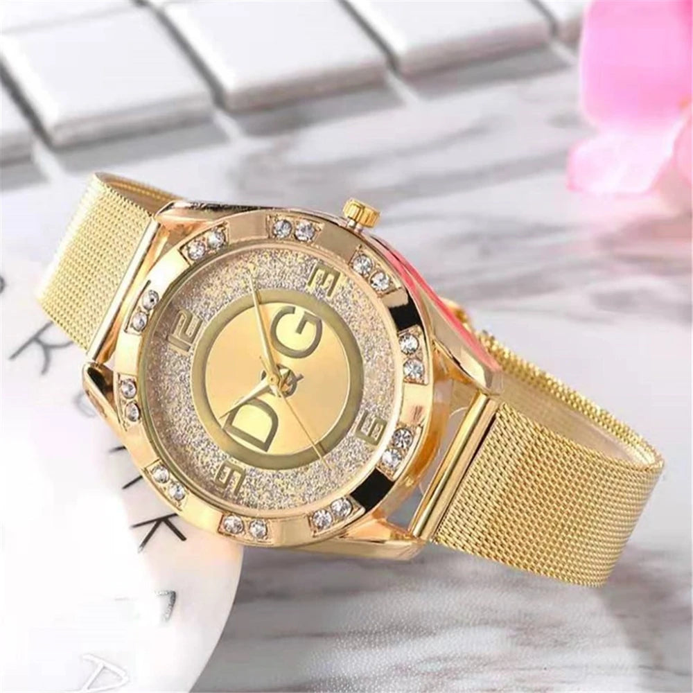 Fashion DQG Brand Starry Sky Diamond encrusted Women's Quartz Watch Casual Stainless Steel Gold Mesh Strap Women's Dress Watches Beauty World Shop