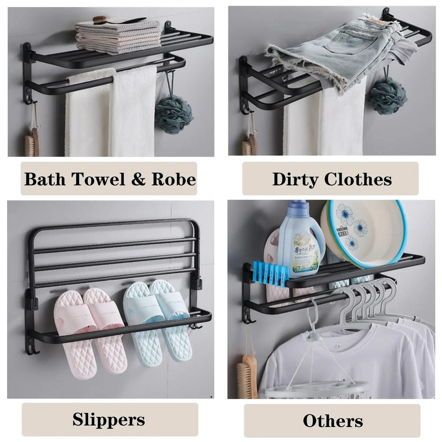 50CM Matte Black Folding Holder With Hook Towel Holder Wall Mount AluminumTowel Rack Bathroom shower rack Bathroom Accessories Beauty World Shop
