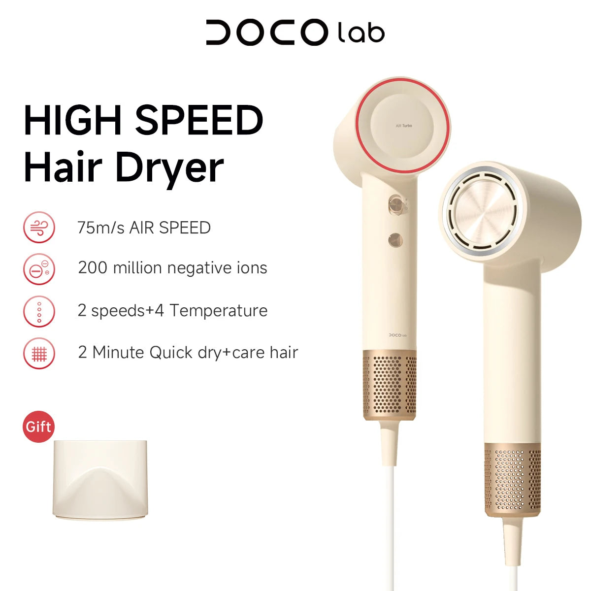 DOCO Hair Dryer 75m/s High Speed 200 Million Negative Ions Hair Care 110000 Rpm Professional Lightweight Home Travel Gift Beauty World Shop