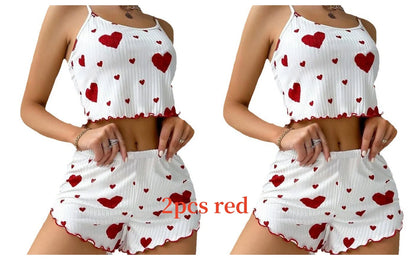 Women's Pajamas Set Sleepwear 2 PCS Short Tank Tops And Shorts S M L White Ventilate Soft Casual Love Printing Beauty World Shop