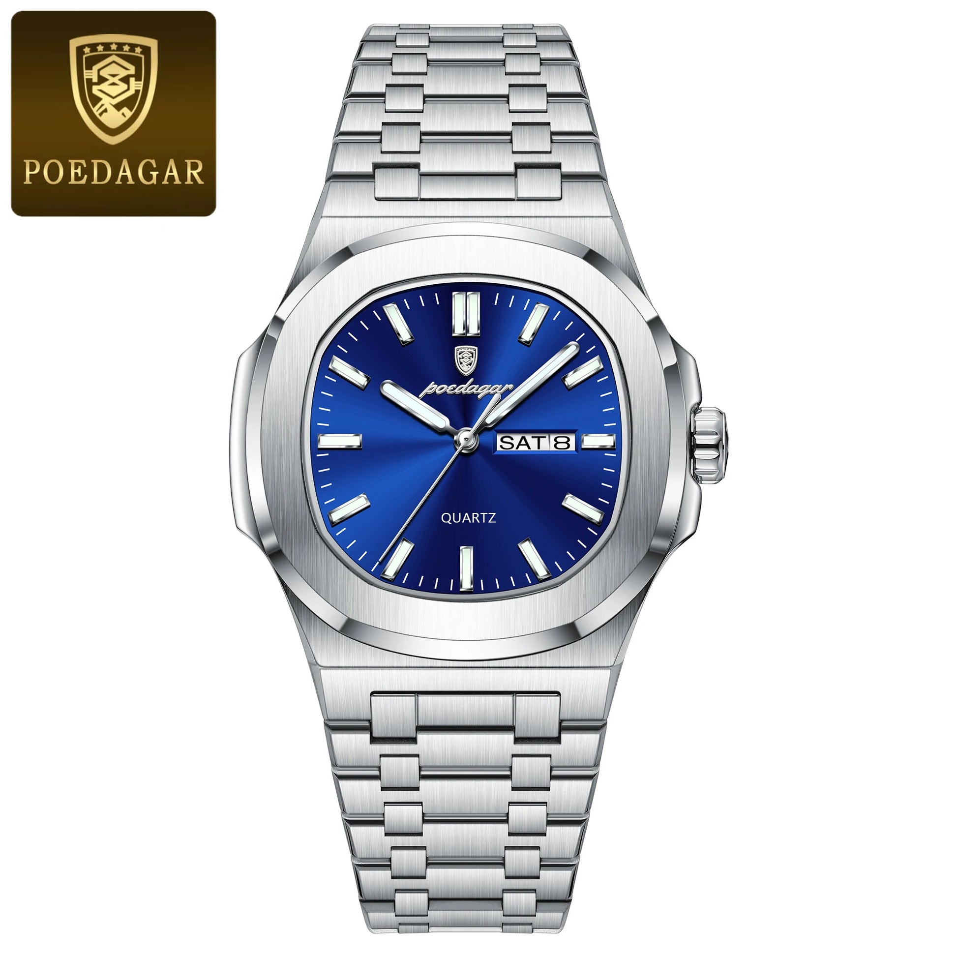 POEDAGAR Square Luxury Men's Wristwatch Luminous Waterproof Stainless Steel Male Clock Week Date Original Quartz Watches For Men Beauty World Shop