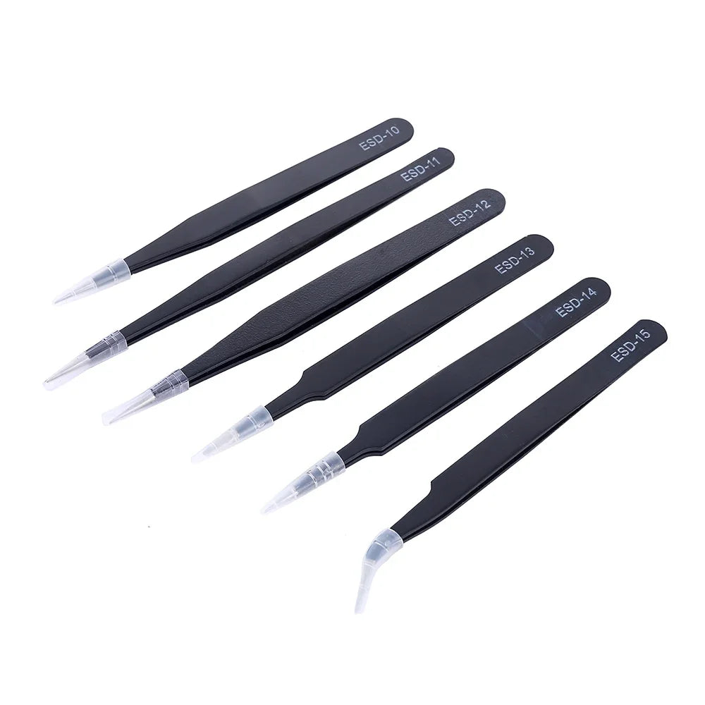 6Pcs Anti-static ESD Tweezers Maintenance Tool Industrial Precision Curved Straight Tweezers Repair Tools Set Beauty World Shop