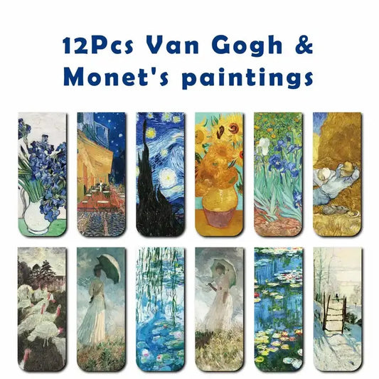 12pcs Artistic Magnetic Bookmarks Featuring World Famous Paintings by Van Gogh & Monet - Ideal for School, Office, And Art Lover Beauty World Shop