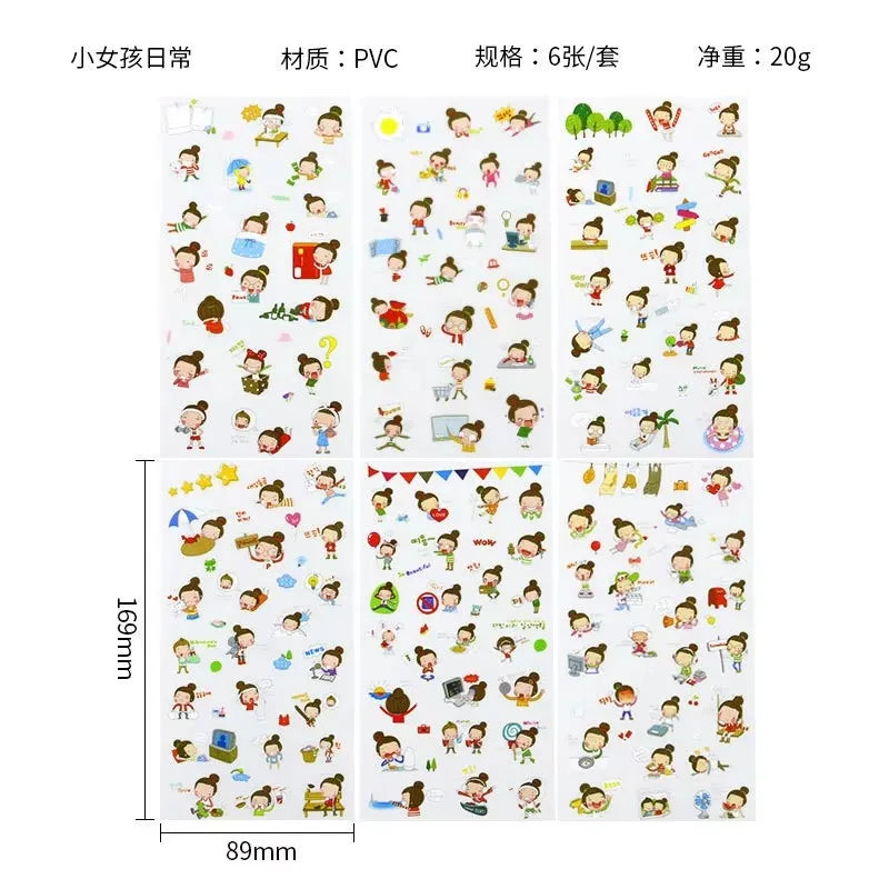 6Pieces/Set Transparent Pvc Waterproof Cartoon Sticker DIY Hand Account Decorative Stickers Kawaii Phone Cup Stickers Beauty World Shop