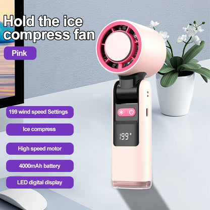 Handheld Portable Fan with Ice Cooler 4000mAh Rechargeable Pocket Fans Foldable Design LED Display 1-199-Speed Wind Cooling Fan