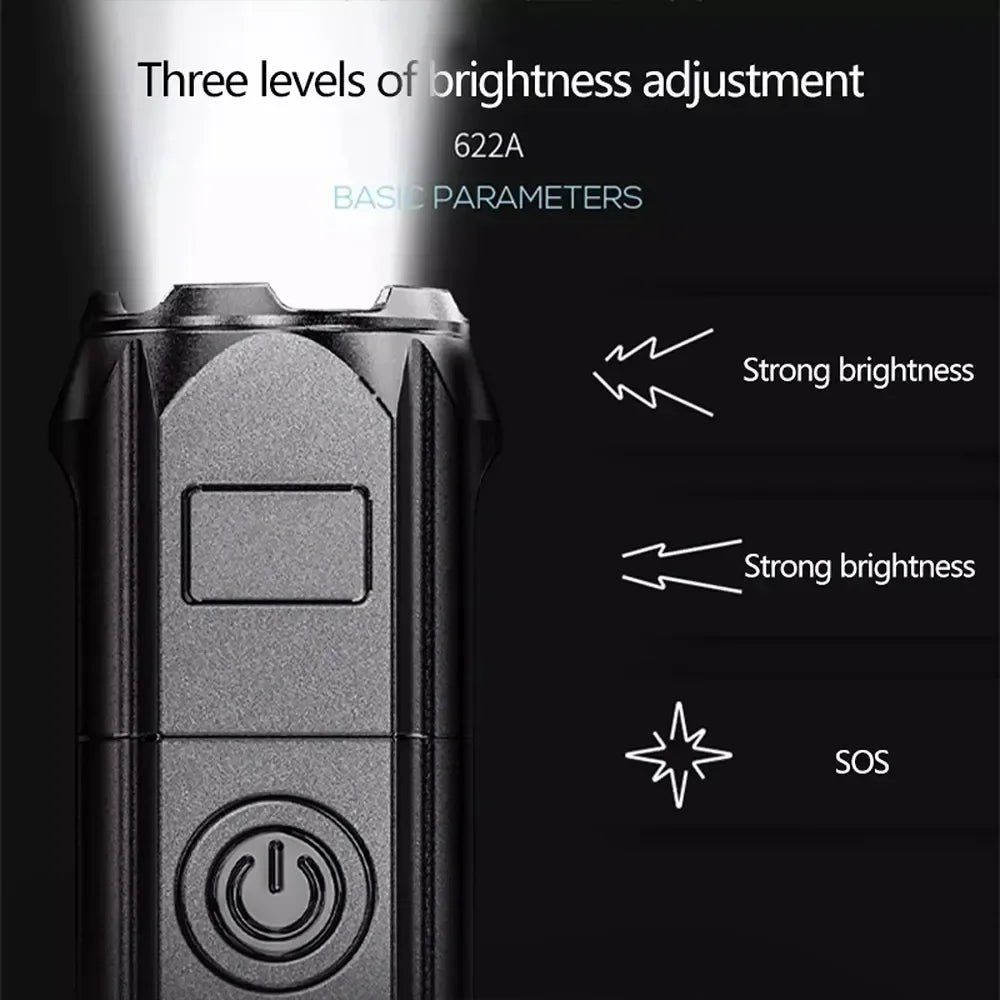 Portable LED Flashlight ABS Strong Light Focusing Flashlight USB Rechargeable Outdoor Home Strong Light Searchlight Waterproof Beauty World Shop