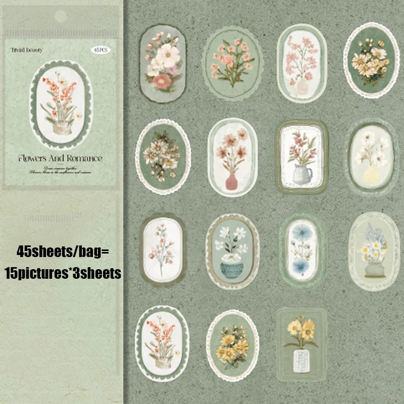 Mr. Paper 45pcs Serene Florals Sticker Pack - Boxed Flower Theme Collection, DIY Journal Collage Decor Set, Literary Stationery Beauty World Shop
