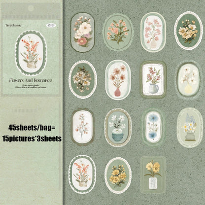 Mr. Paper 45pcs Serene Florals Sticker Pack - Boxed Flower Theme Collection, DIY Journal Collage Decor Set, Literary Stationery Beauty World Shop