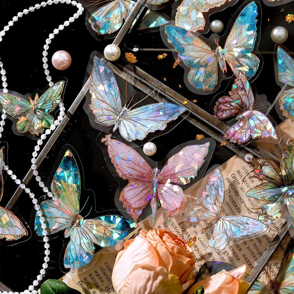5Style 20pcs/pack INS Butterfly PET Sticker Pack Ice Crystal Laser Gold DIY Handbook Decoration 3D Scrapbook Beauty World Shop