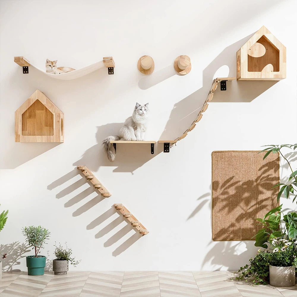 Cat Wall Climbing Shelf Steps Ladder Scratching Post Scratcher Bed Hiding House for Cats Tree Tower Pet Furniture Accessories Beauty World Shop