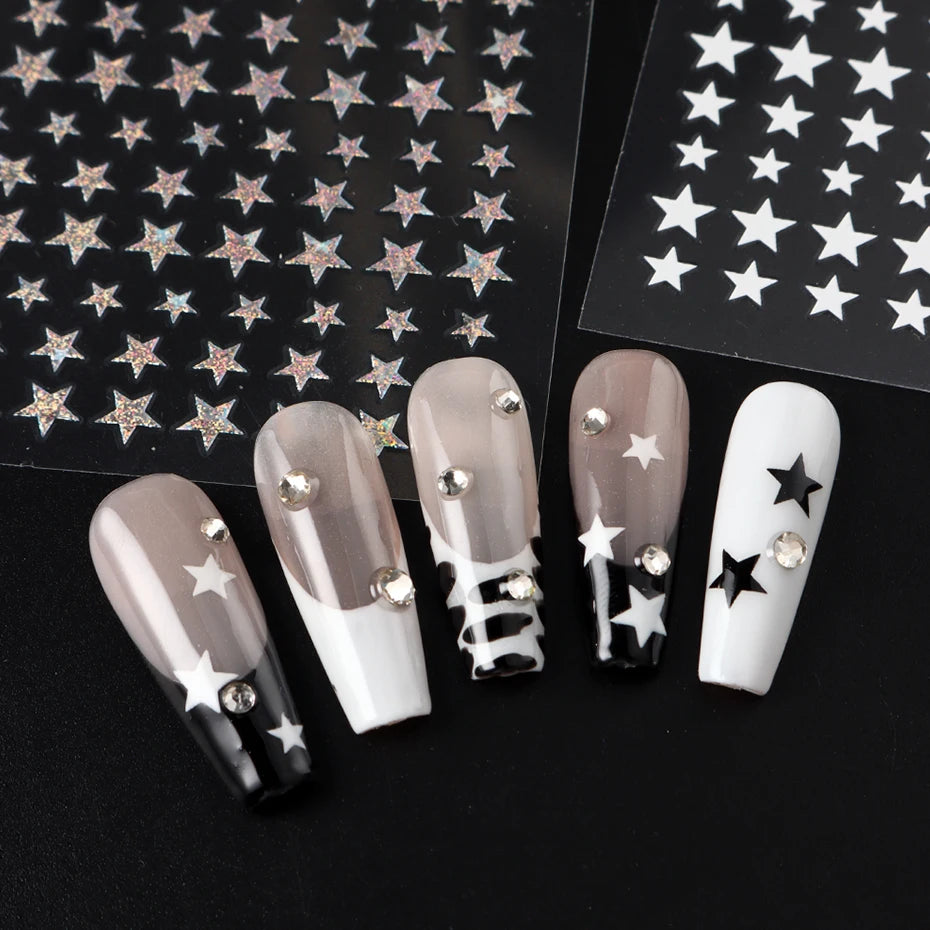 3D Black Pink Stars Stickers for Nails Golden Silvery Stars Adhesive Nail Decals Autumn Winter Festival DIY Nail Art Accessories Beauty World Shop