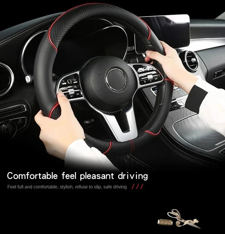 All Seasons Leather Diamond Steering Wheel Cover Universal Fit for 14 .5-15 Inch Durable Leather Cover Anti-Slip Veins Design Beauty World Shop