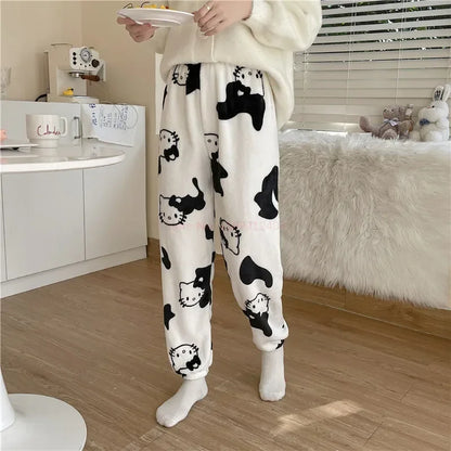2024 Sanrio Hello Kitty Pajamas Halloween Flannel Fashion Trouserswomen Kawaii Woolen Anime Cartoon Casual Home Pants Autumn Beauty Fashion