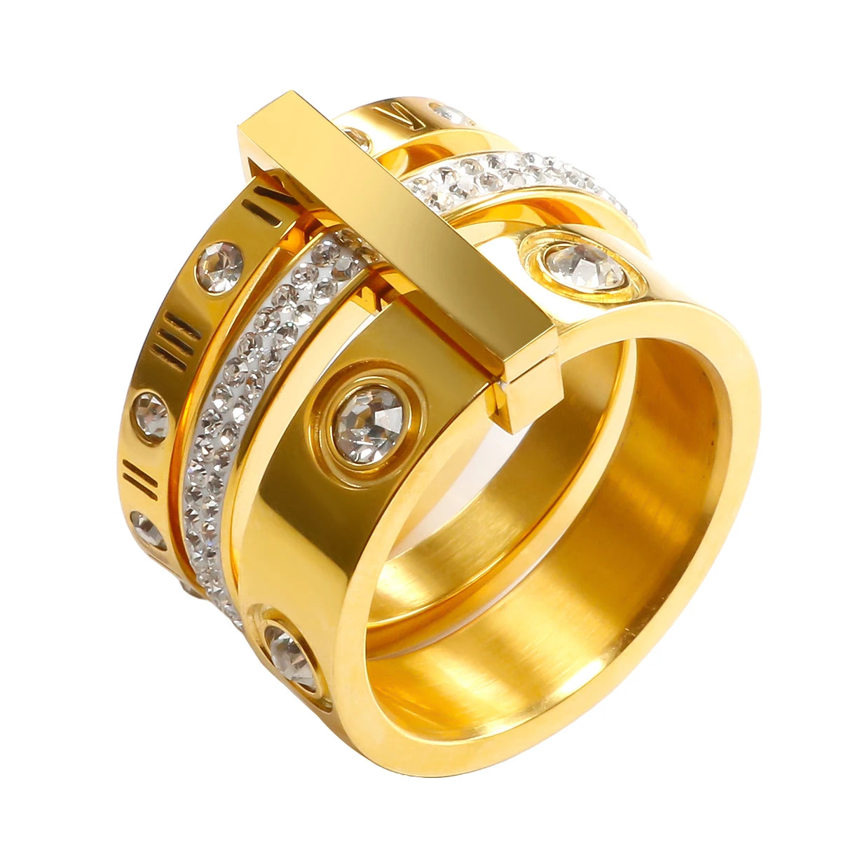Three Layers Roman Numerals Ring for Women Luxury Stainless Steel Rotatable Crystal Finger Rings Female Wedding Trendy Jewelry Beauty World Shop