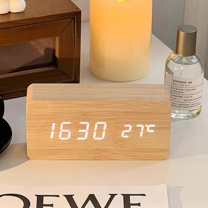 Digital Alarm Clock Wooden LED Table Clock with Temperature for Bedroom Office Travel Desk Decorations Beauty World Shop