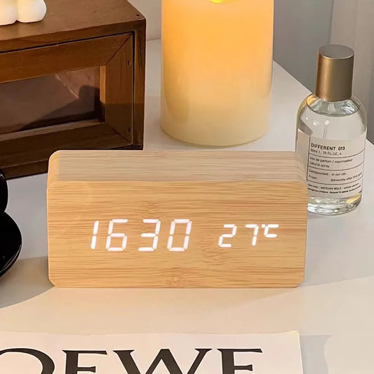 Digital Alarm Clock Wooden LED Table Clock with Temperature for Bedroom Office Travel Desk Decorations Beauty World Shop