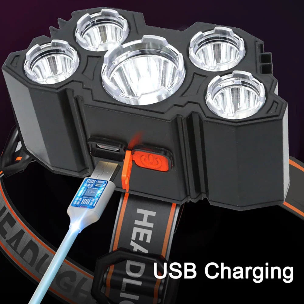 5 LED Headlamp Rechargeable with Built in Battery Strong Light Headlight Camping Adventure Fishing Head Light Flashlight Beauty Fashion