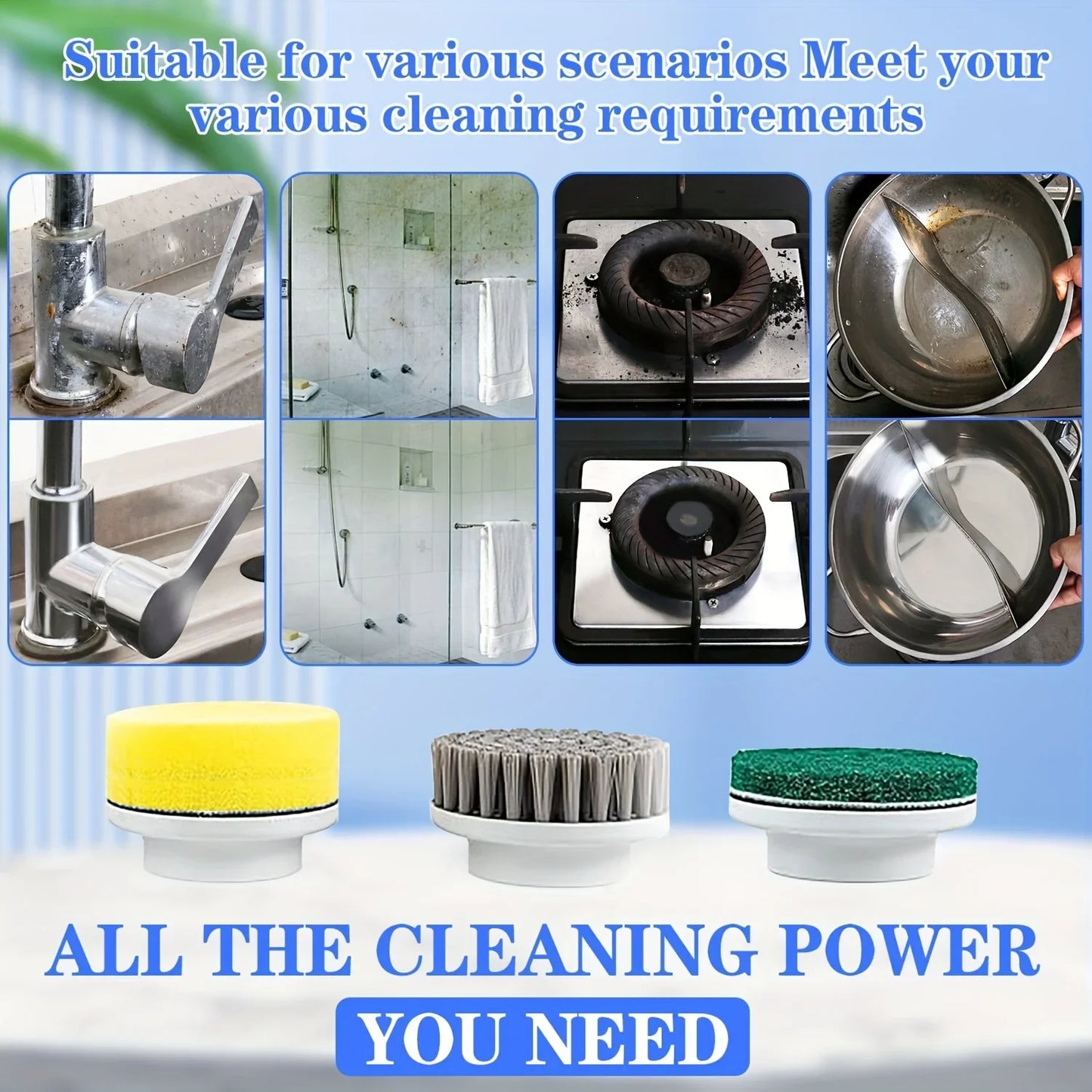 Electric Cleaning Brush LED Display with 5 Replaceable Brush Heads 3-speed Adjustable Cleaning Tool For Kitchen Bathroom