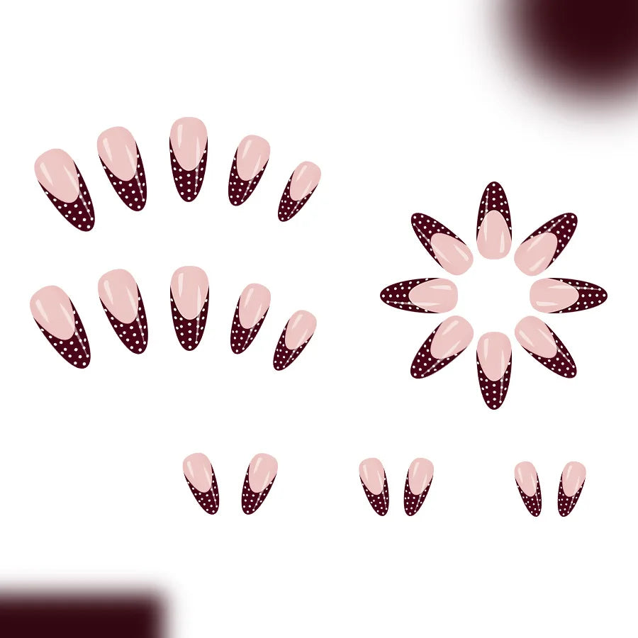 Sweet French Tip Press On Nails Medium Almond Shape Glossy Red White Polka Dot Fake Nails 24pcs Beauty World Shop