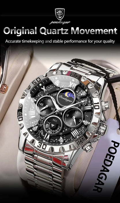 POEDAGAR Luxury Man Watch Waterproof Luminous Stainless Steel Quartz Men's Wristwatch Chronograph Military Watches For Men Reloj Beauty World Shop
