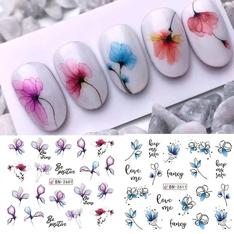 12 Pcs Summer Ink Blooming Flowers Nail Art Stickers, Water Decal Leaves Graffiti Slider Nail Decoration Beauty World Shop