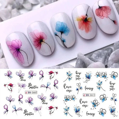 12 Pcs Summer Ink Blooming Flowers Nail Art Stickers, Water Decal Leaves Graffiti Slider Nail Decoration Beauty World Shop