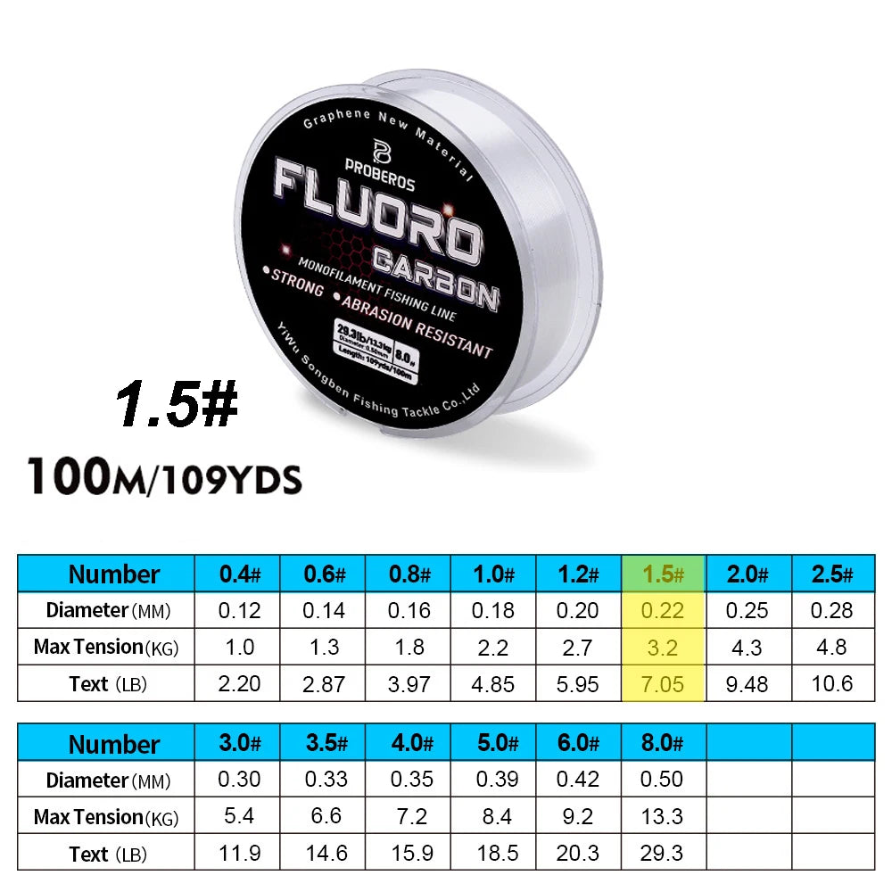 PROBEROS 100M Fluorocarbon Coating Fishing Line 2.2LB-29.3LB Carbon Fiber Monofilament Leader Line Carp Fishing Sinking Line Beauty World Shop