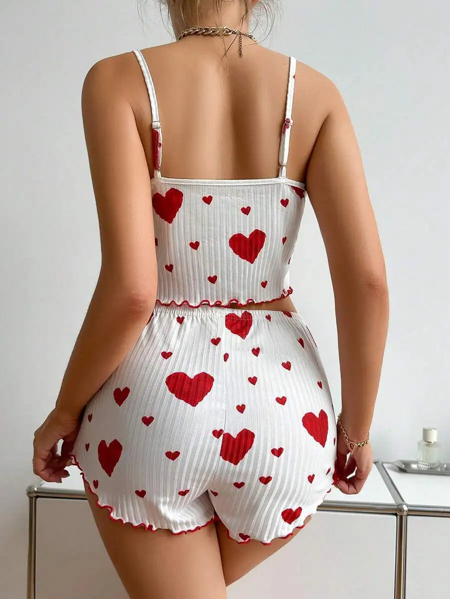 Women's Pajamas Set Sleepwear 2 PCS Short Tank Tops And Shorts S M L White Ventilate Soft Casual Love Printing Beauty World Shop