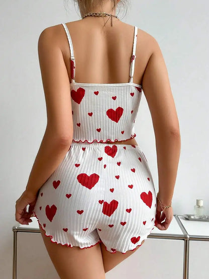 Women's Pajamas Set Sleepwear 2 PCS Short Tank Tops And Shorts S M L White Ventilate Soft Casual Love Printing Beauty World Shop