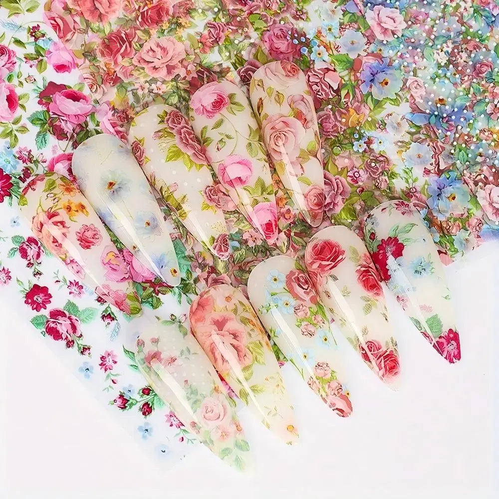 10PCS Mixed Nail Art Foils Transfer Sticker Set Rose Flower Designs Floral Starry Sky Nail Wraps Wedding Summer Manicure Decor Beauty World Shop