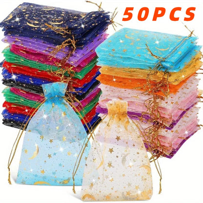 50PCS Moon Stars Drawstring Organza Bags Jewelry Gift Bags Pouches Gold Star Organza Favor Pouches for Christmas Wedding Beauty World Shop