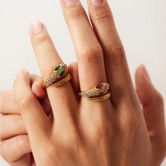 2026 Vintage Hollow Zircon Rings For Women Metal Gold Color Trend Luxury Snake Shape Vintage Trendy Stainless Steel Ring Jewelry Beauty World Shop