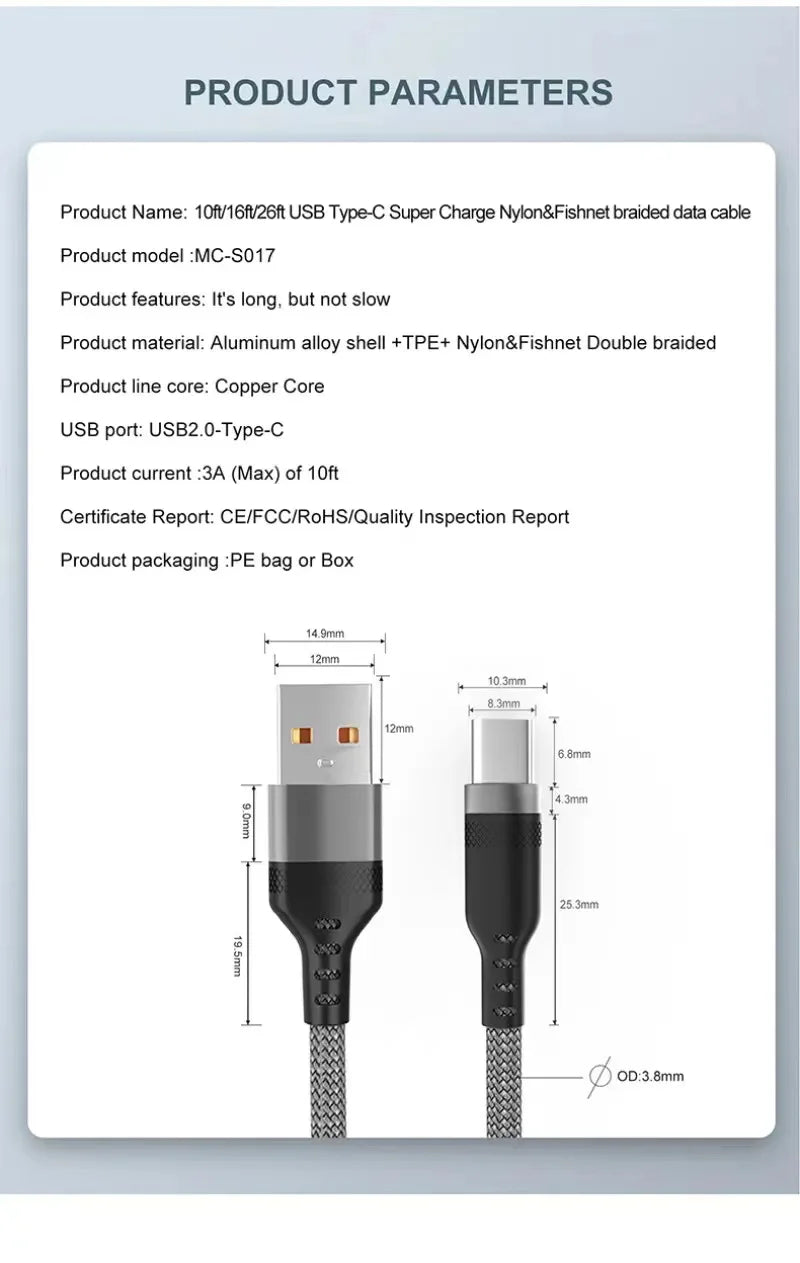 USB TYPE C Cable 5A Super Fast Charge Cable for iPhone 15 16 17 Full range Huawei Samsung oppo oneplus Universal USB C Extension Beauty World Shop
