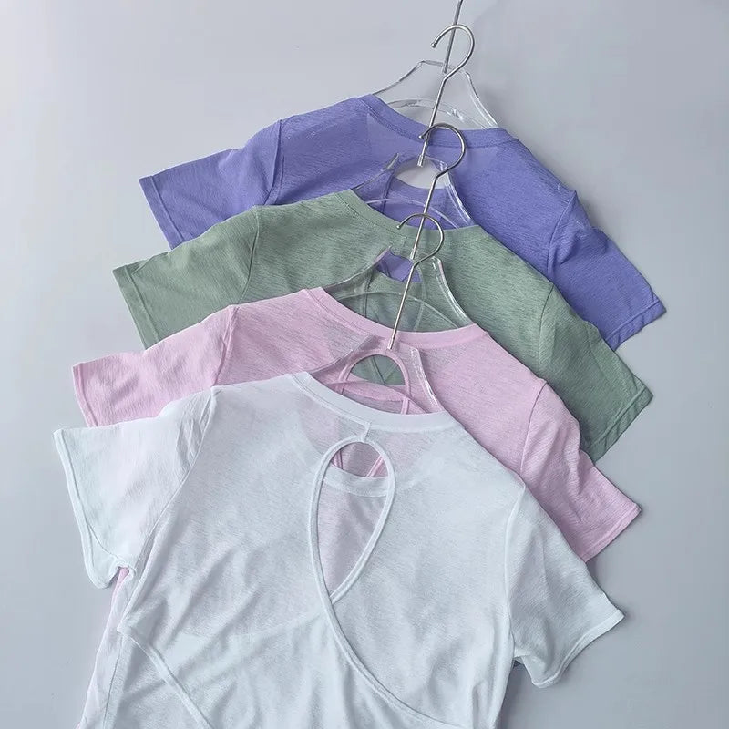 Women's Tight Sports T-shirt Quick Dry Short Sleeve Yoga T-shirt Pilates Fitting Fitness Back Hollow Out Running T-shirt Beauty World Shop