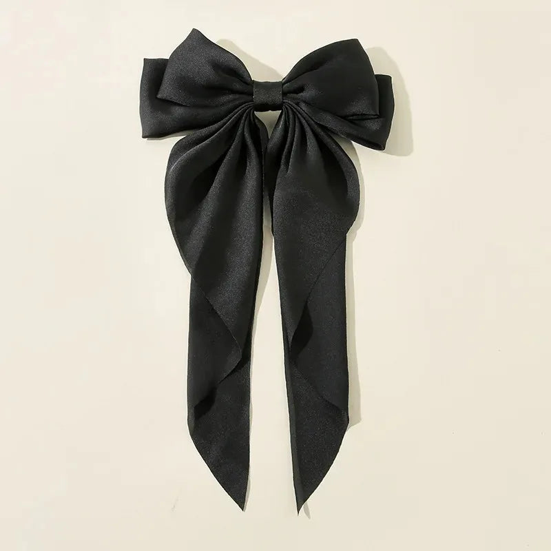 Korean Accessories Hair Clips for Women Girls Big Bowknot Solid Satin Long Ribbon Bows Spring Clamp Barette Cheveux Femme 2023 Beauty World Shop