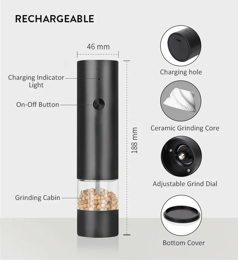 USB Rechargeable Electric Salt and Pepper Grinder Adjustable Coarseness Large Capacity Auto Spices Grinders Kitchen Cooking Tool Beauty World Shop