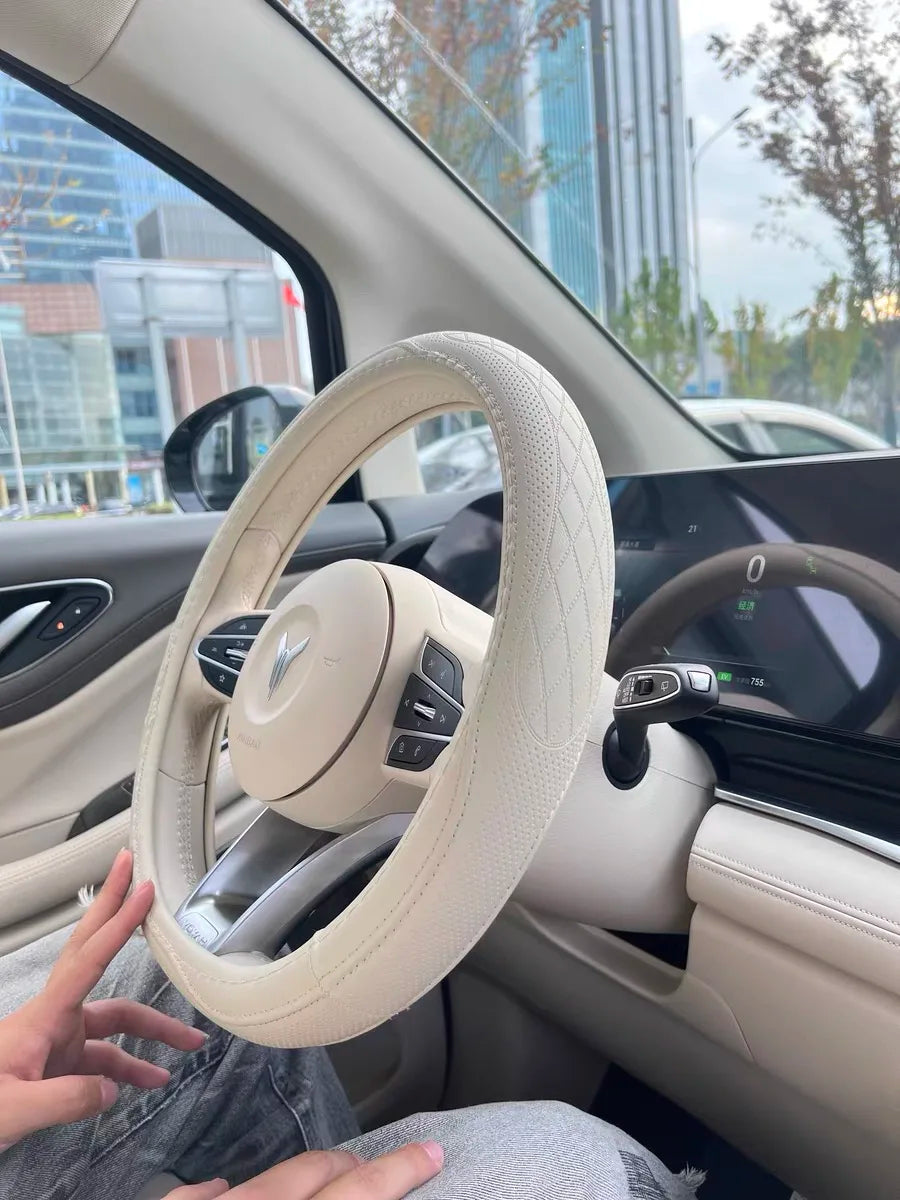Napa Leather Perforated Patchwork Car Steering Wheel Cover, Non-slip, Breathable, Universal 15 Inch (Approx. 38cm) Beauty World Shop