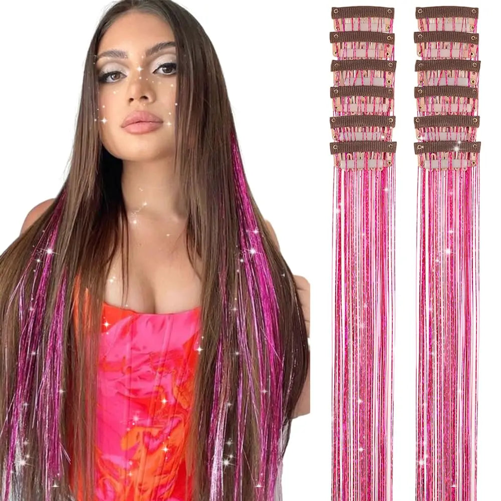 20 Inch Glitter Tinsel Hair Extensions with Clips In, 6Pcs/Set Synthetic Clip in Sparkle Fairy Hair Accessories for Women Kids Beauty World Shop