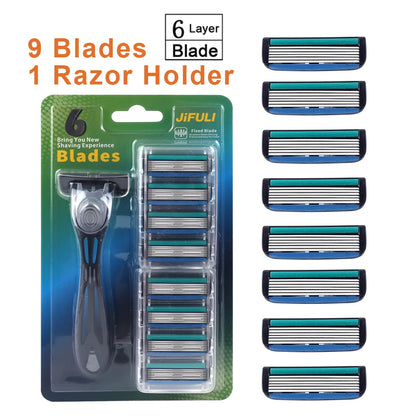 1 Handle + 12 / 17 Blades/ Men Women Manual Safety razor 6-Layer Stainless Steel Hair Removal Shaving Replaceable Shaver Head Beauty World Shop