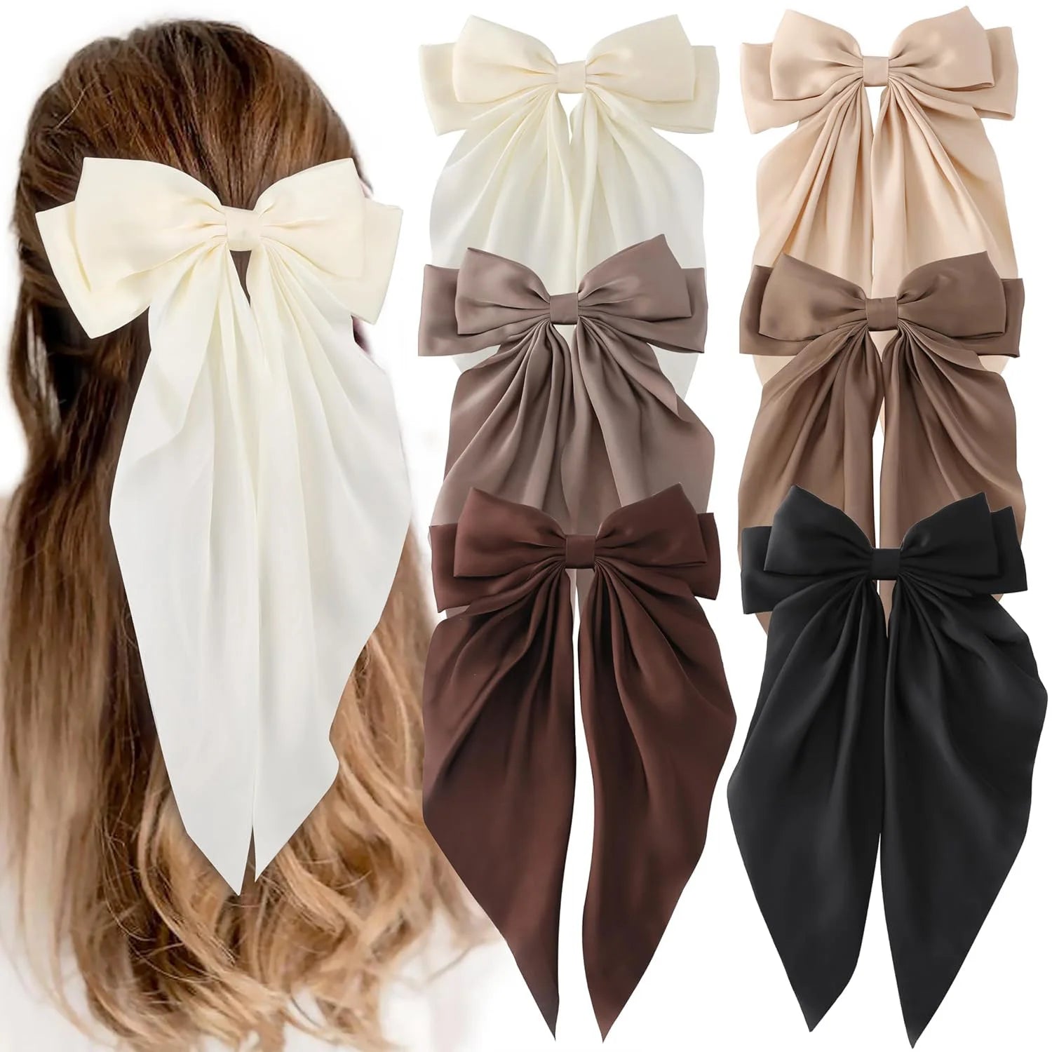 Korean Accessories Hair Clips for Women Girls Big Bowknot Solid Satin Long Ribbon Bows Spring Clamp Barette Cheveux Femme 2023 Beauty World Shop