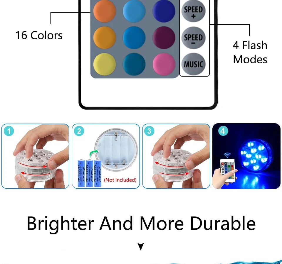10 LEDs RGB Submersible Light Underwater Lamp Battery Operated Garden Swimming Pool Light for Wedding Party Aquarium Vase Bowl Beauty World Shop